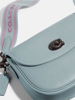 RARE Coach Light Blue Pebble Leather Saddle Crossbody with Wide Logo Strap